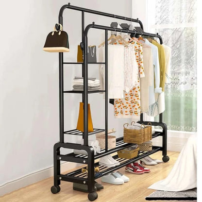 Dual Pole Movable Clothes Rack – Wardrobe Stand with Shelves & Coat Storage
