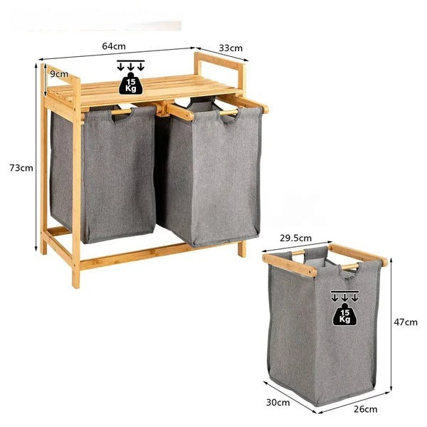 Bamboo Laundry Hamper With Dual Compartments - Grey