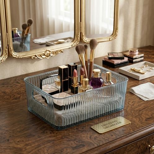 Desktop Storage Box, Cosmetic Storage Box, Transparent PET Storage Box, Desk Shelf Box, Office Storage Basket, Bedroom Living Room Office Dorm Accessories