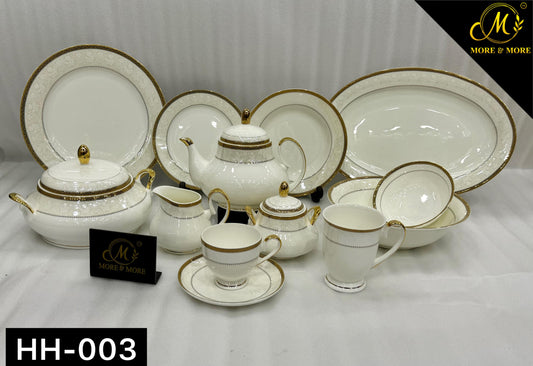 More & More Crockery Gold Embossed Super Bone China Dinner Set – 69 Pcs (8-Person) – Design HH-003
