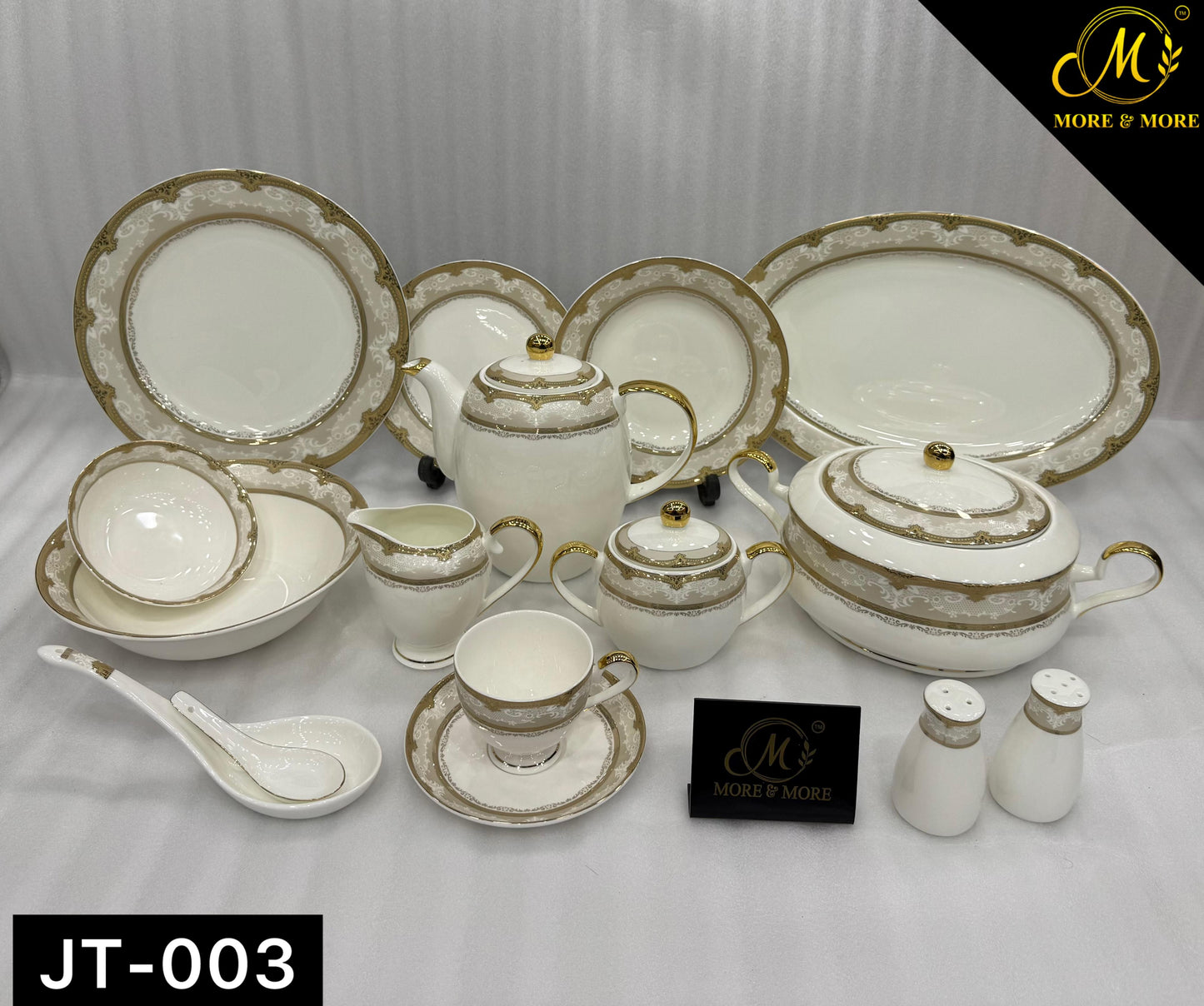 More & More Crockery Luxurious Gold Printed Super Bone China Dinner Set – 73 Pcs (8-Person) – Design JT-003