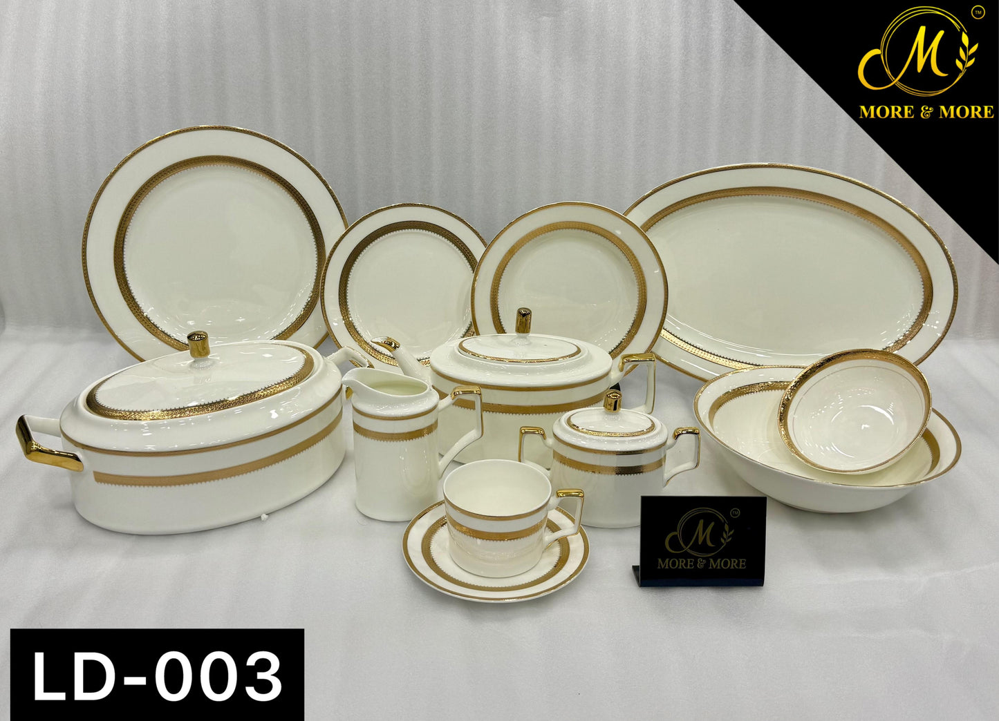 More & More Crockery Gold Embossed Super Bone China Dinner Set – 61 Pcs (8-Person) – Design LD-003
