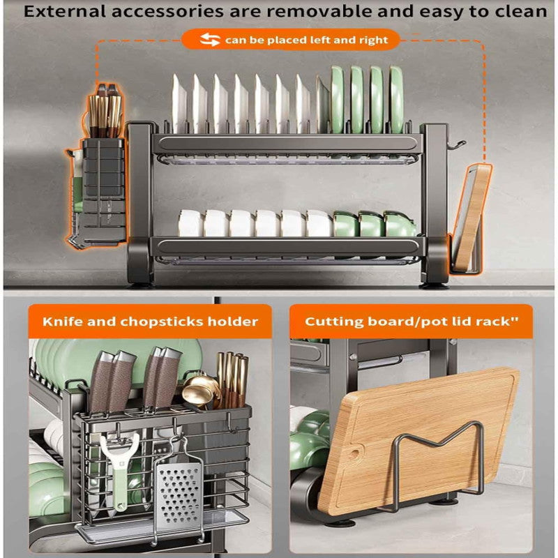 Stainless Steel Dish Drying Rack, Dish Drainer Over Sink Draining with Drip Tray with Cutlery Holder (Silver)