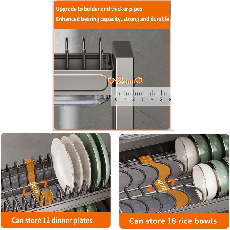 Stainless Steel Dish Drying Rack, Dish Drainer Over Sink Draining with Drip Tray with Cutlery Holder (Silver)
