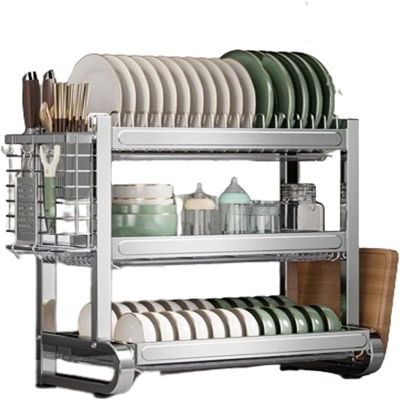 Stainless Steel Dish Drying Rack, Dish Drainer Over Sink Draining with Drip Tray with Cutlery Holder (Silver)