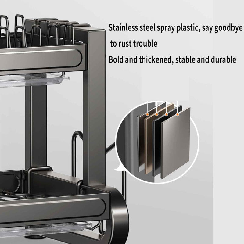 Stainless Steel Dish Drying Rack, Dish Drainer Over Sink Draining with Drip Tray with Cutlery Holder (Silver)