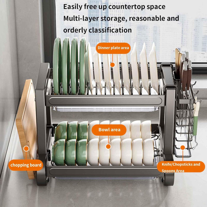 Stainless Steel Dish Drying Rack, Dish Drainer Over Sink Draining with Drip Tray with Cutlery Holder (Silver)