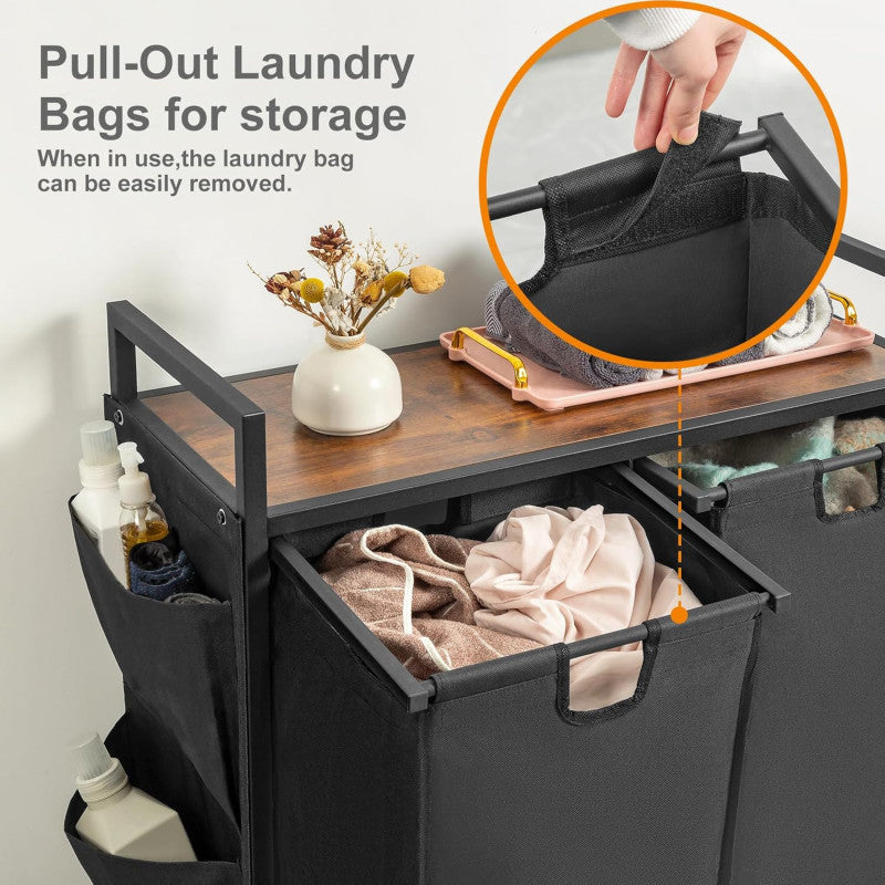 Double Laundry Hamper with Lid, Laundry Sorter with Top Shelf and 2 Removable Bags, Large Laundry Storage for Room, Black