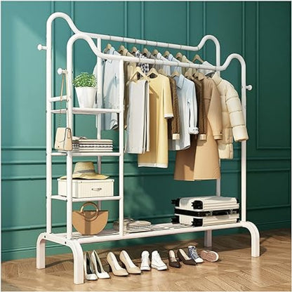 Double Pole Freestanding Clothing Rack | Coat Hanger with Lower Storage Shelf for Clothes & Accessories