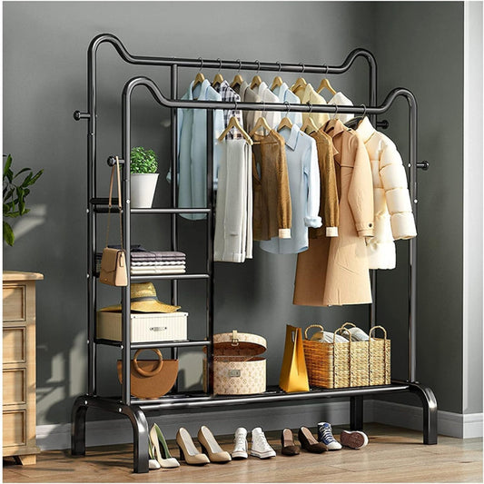 Double Pole Freestanding Clothing Rack | Coat Hanger with Lower Storage Shelf for Clothes & Accessories