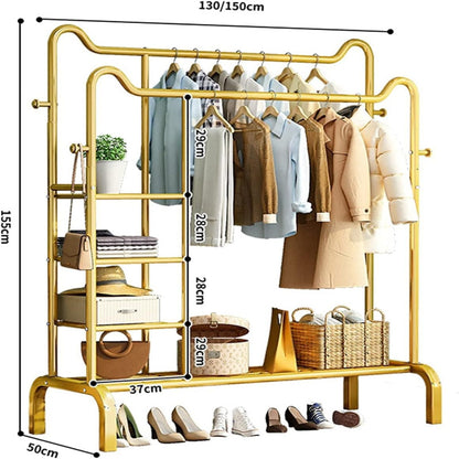 Double Pole Freestanding Clothing Rack | Coat Hanger with Lower Storage Shelf for Clothes & Accessories