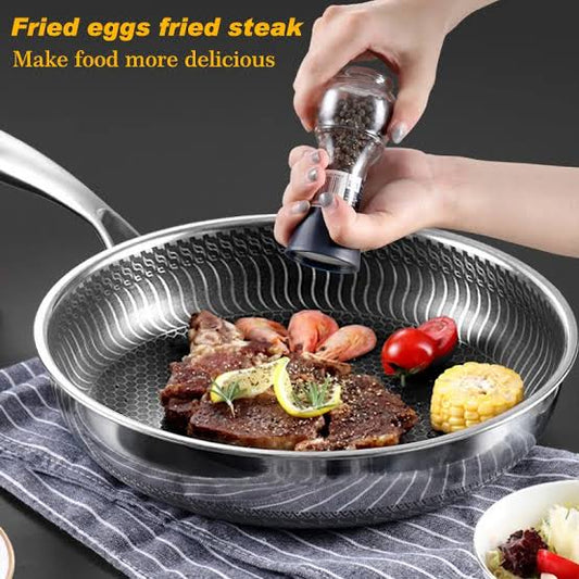 Stainless Steel Honey-Comb Laser Coated Frying Pan With  Heavy Base