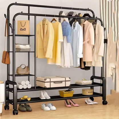 Dual Pole Movable Clothes Rack – Wardrobe Stand with Shelves & Coat Storage