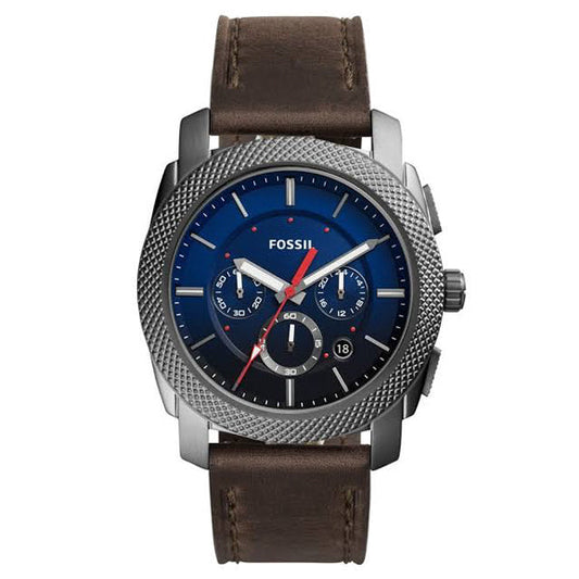 Fossil Machine Brown Leather Strap Blue Dial Chronograph Quartz Watch for Gents - FS5388