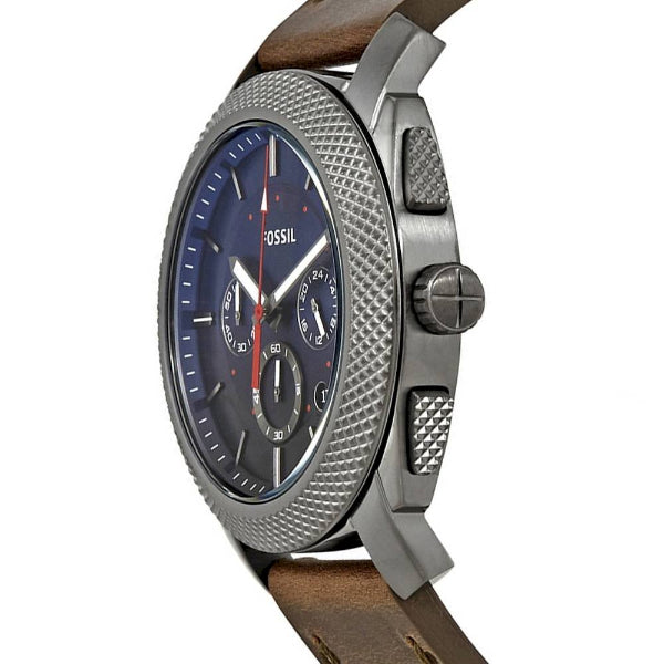 Fossil Machine Brown Leather Strap Blue Dial Chronograph Quartz Watch for Gents - FS5388