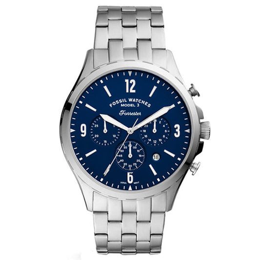 Fossil Forrester Silver Stainless Steel Blue Dial Chronograph Quartz Watch for Gents - FS5605