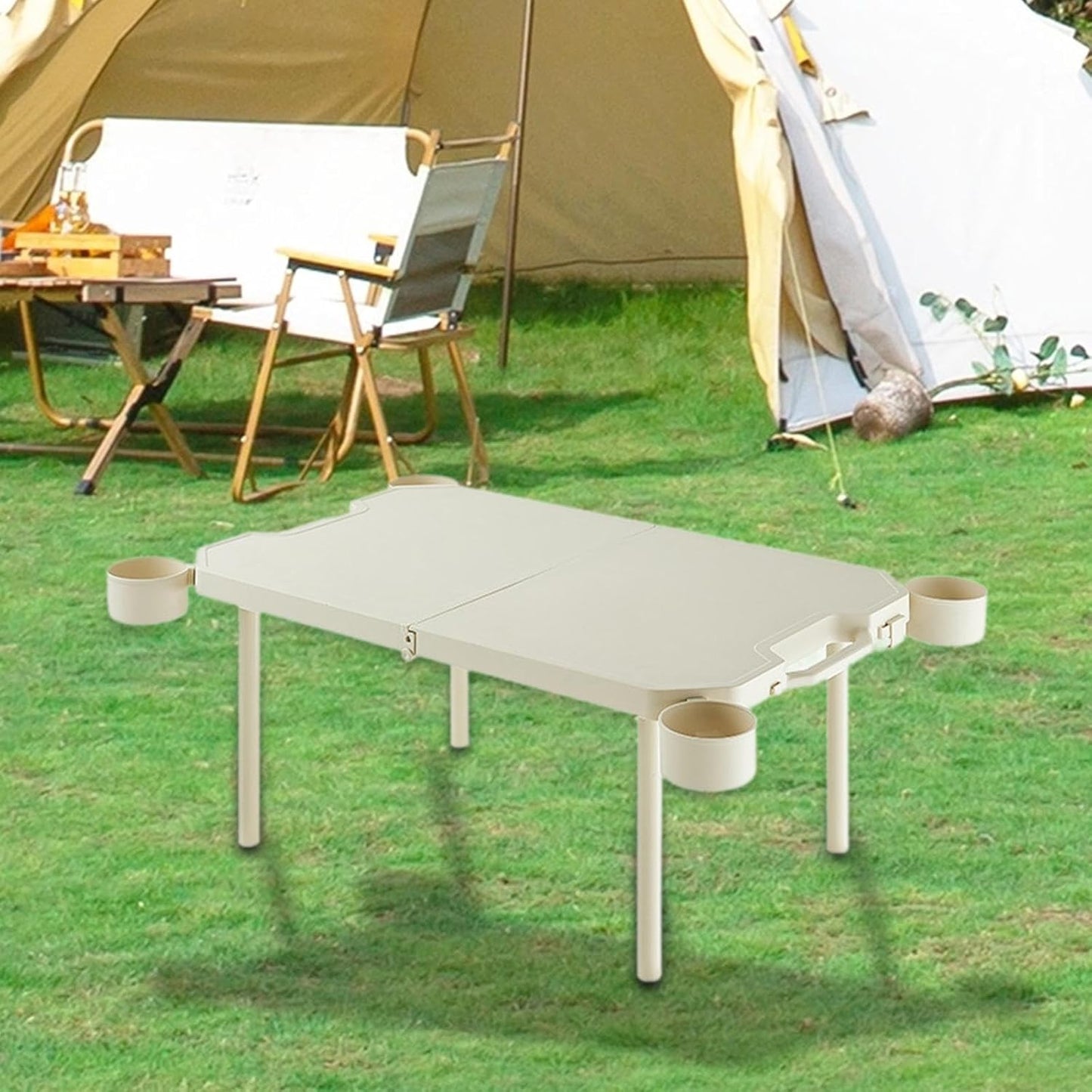 Foldable Camping Table Picnic Desk with 4 Cup Holders Handle Design Cooking Table Outside Desk for Travel Patio