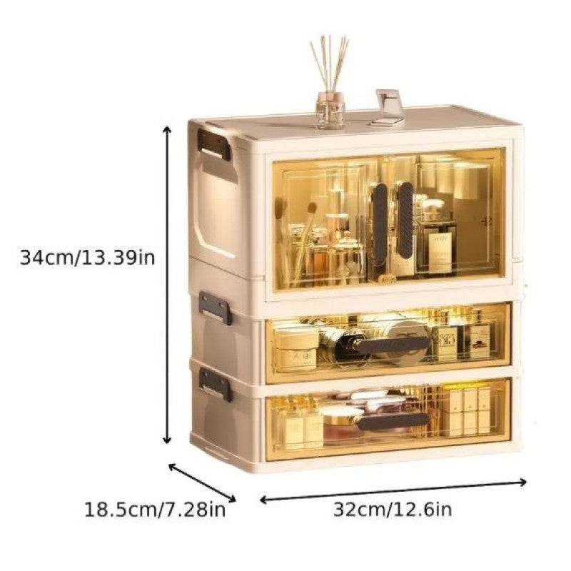 Foldable Cosmetic Organizer, Plastic Countertop Makeup Storage Cabinet with Polished Finish, Dust-Proof Transparent Drawers for Skincare