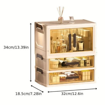 Foldable Cosmetic Organizer, Plastic Countertop Makeup Storage Cabinet with Polished Finish, Dust-Proof Transparent Drawers for Skincare