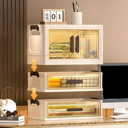 Foldable Cosmetic Organizer, Plastic Countertop Makeup Storage Cabinet with Polished Finish, Dust-Proof Transparent Drawers for Skincare