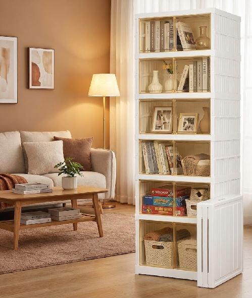 Modern Foldable Kitchen Pantry Bedroom Dining Room Organizer Cabinet – Stackable Storage Organizer with Clear Doors