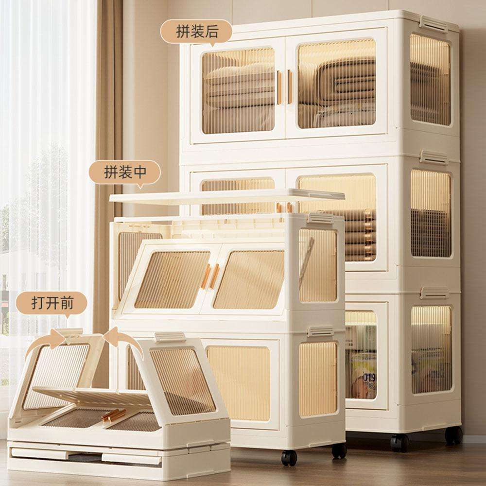 Freestanding Wardrob Foldable Storage Cabinet with Wheels, Stackable Organizer Bin with Clear Doors
