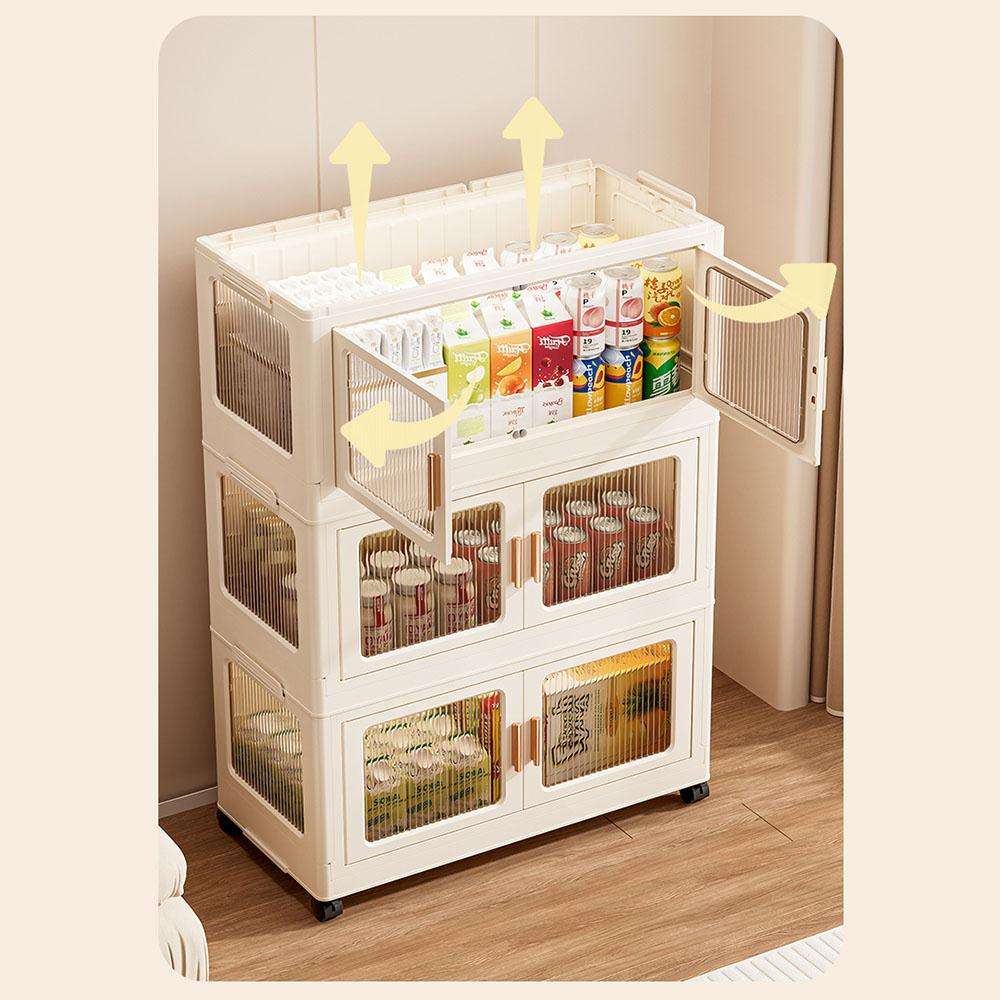 Freestanding Wardrob Foldable Storage Cabinet with Wheels, Stackable Organizer Bin with Clear Doors