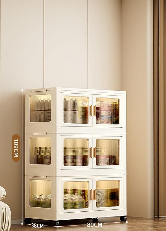 Freestanding Wardrob Foldable Storage Cabinet with Wheels, Stackable Organizer Bin with Clear Doors