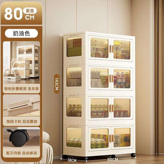 Freestanding Wardrob Foldable Storage Cabinet with Wheels, Stackable Organizer Bin with Clear Doors