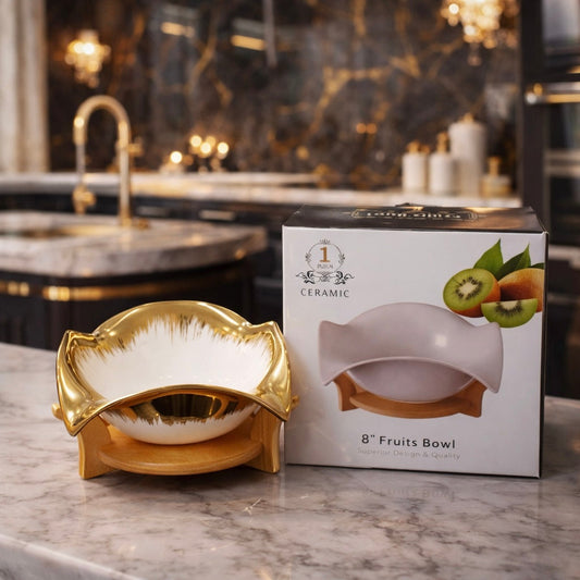 Luxury Gold-Trim Ceramic Fruit Bowl with Wooden Stand – Elegant Table Centerpiece