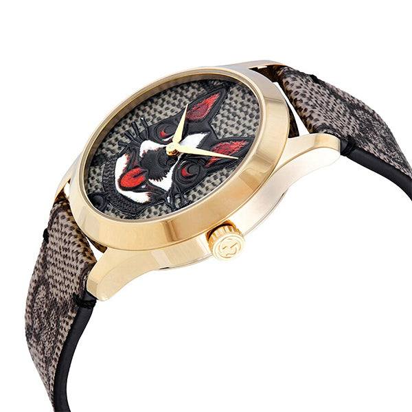 Gucci G-Timeless Brown Leather Dog Motif Dial Quartz Watch for Unisex- GUCCI YA1264057