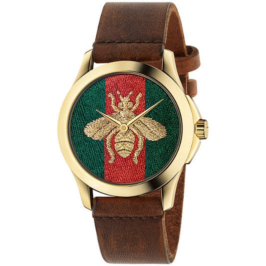 Gucci Le MarchÃƒÆ’Ã‚Â© Des Merveilles Bee Motif Brown Leather Strap Green Dial Quartz Unisex Watch - GUCCI YA 126451