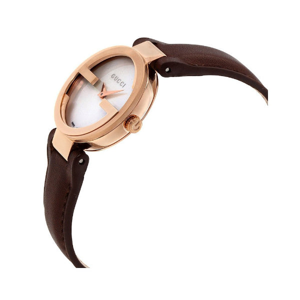 Gucci Interlocking-G Brown Leather Strap Mother of Pearl Dial Quartz Watch for Ladies - GUCCI YA 133516