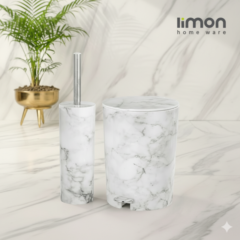 Limon MarblePrint Dustbin & Brush Set – Elegant Marble Design Waste Bin with Toilet Brush | Adornia.pk