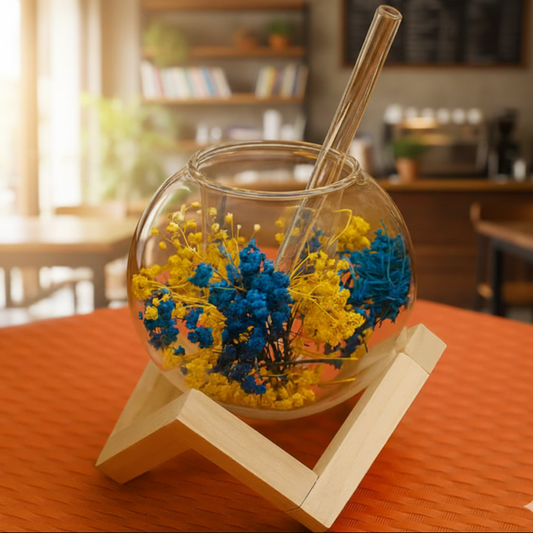 Double Wall Glass Coffee Cup Set with Straw & Wooden Stand - Heat Resistant Tea Mugs