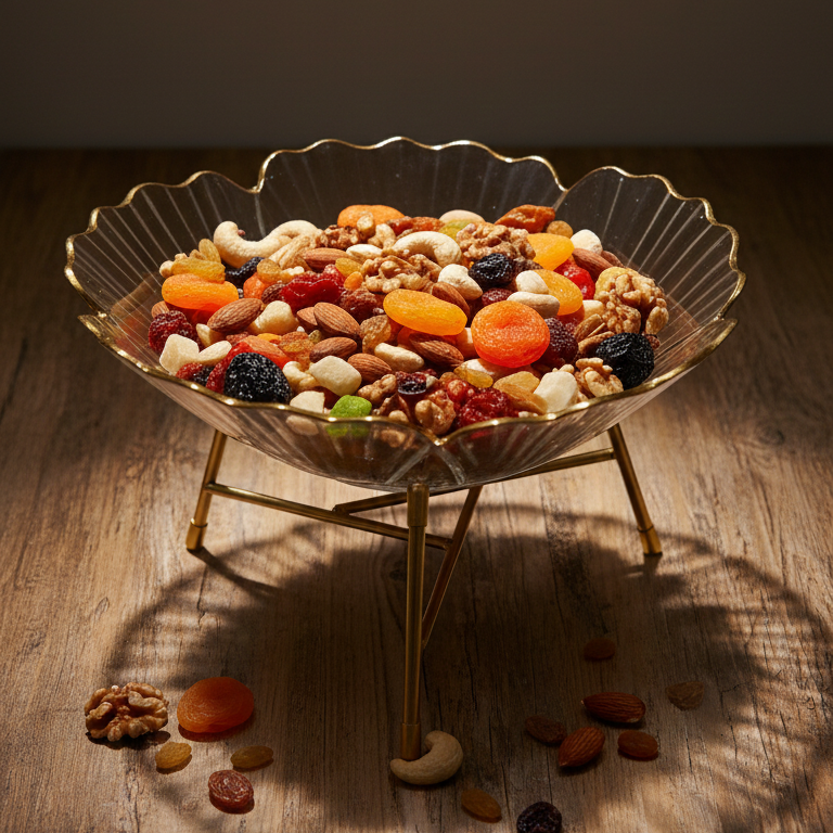 Graceful Fruits & Snacks Bowl with Golden Metal Stand