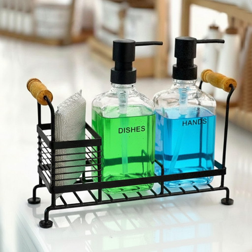 Glass Liquid Dispensers Set with Stand and Sponge by Limon