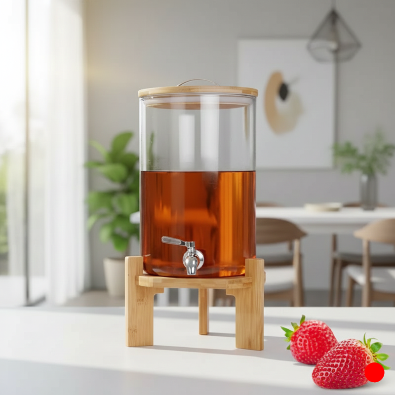 SunriseAmber Glass Dispenser with Airtight Lid and Bamboo Stand