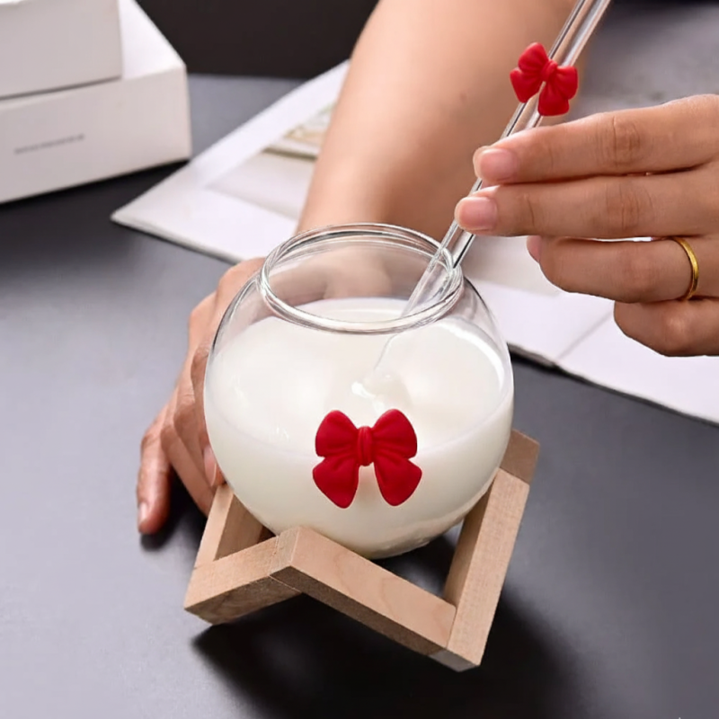 Elegant Double Wall Glass Mug with Straw & Bamboo Base