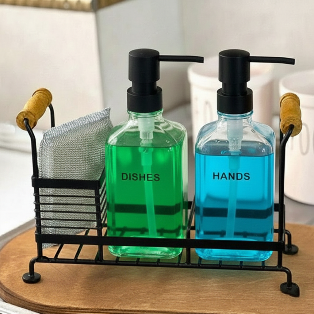 Glass Liquid Dispensers Set with Stand and Sponge by Limon