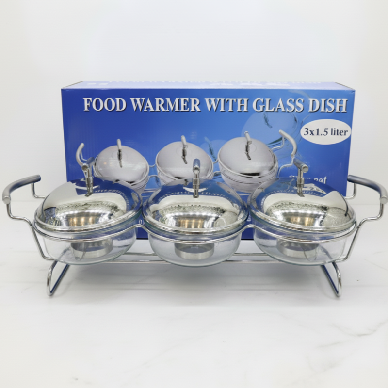 3-in-1 Stainless Steel Food Warmer Set with Glass Dishes