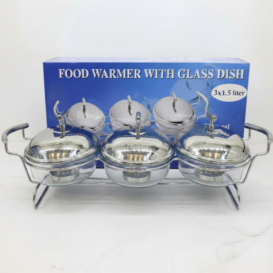 3-in-1 Stainless Steel Food Warmer Set with Glass Dishes