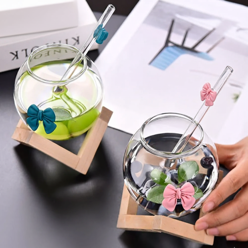 Elegant Double Wall Glass Mug with Straw & Bamboo Base