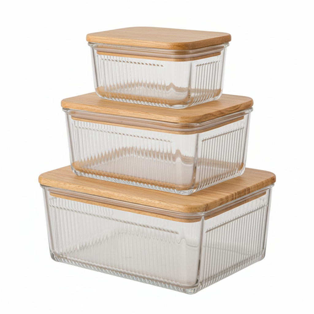 Robust 3-Piece Glass Container Set with Wooden Lid (2211) By Limon