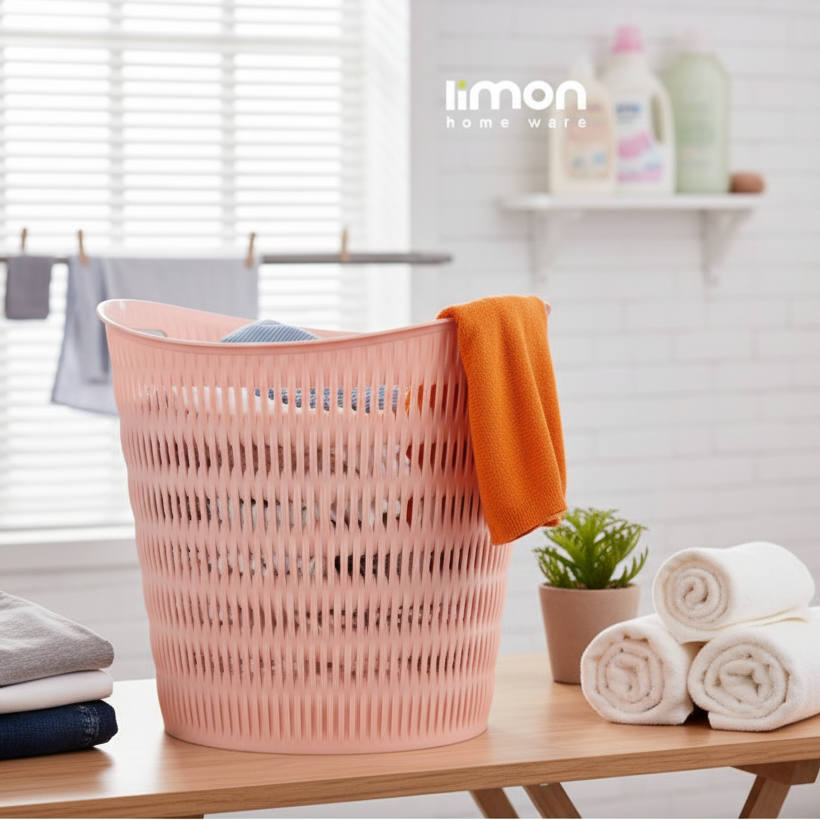 Round Bamboo-Style Laundry Basket with Handles (1400) by Limon