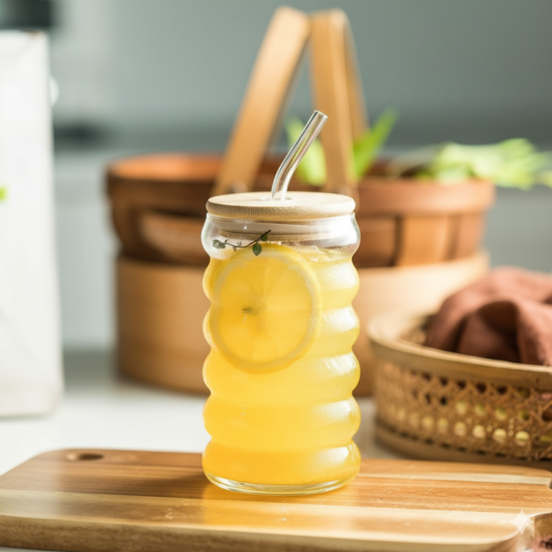 BubbleWave Glass Tumbler with Wooden Lid & Reusable Straw – Eco-Friendly Drinkware | Adornia.pk