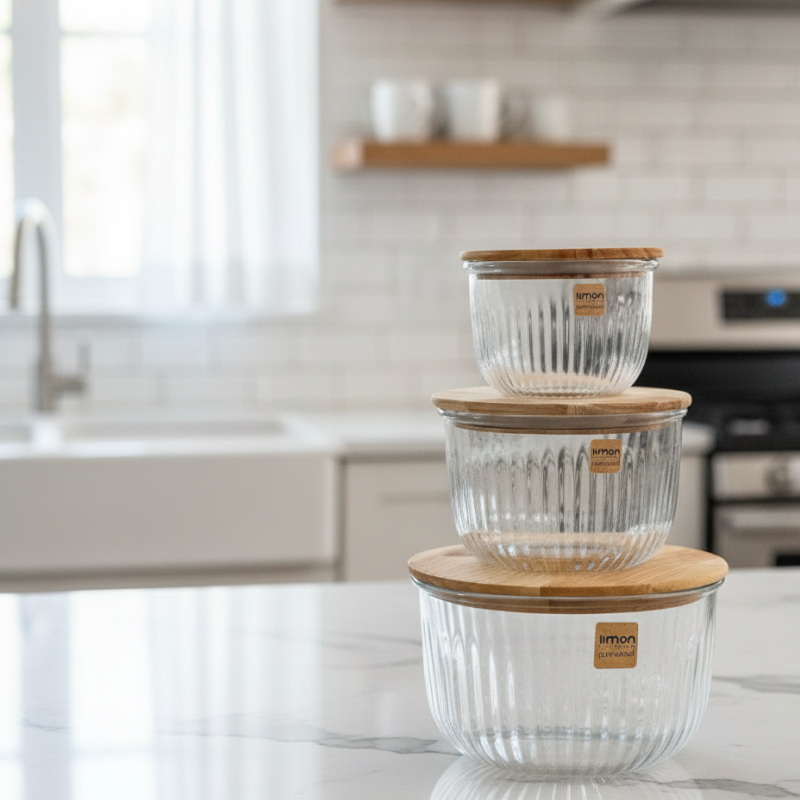 Elegant Fluted Airtight Glass Bowl Set – Premium 3-Piece Storage Containers | Adornia.pk