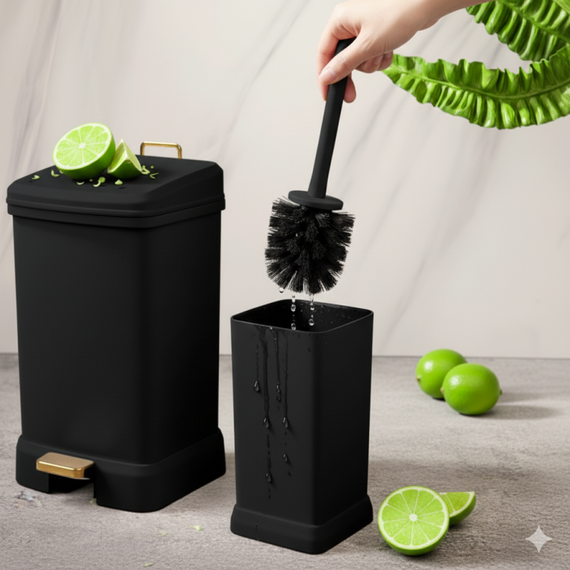 Limon EdgeClean Rectangular Dustbin & Brush Set – Modern Bathroom Waste Bin with Cleaning Brush | Adornia.pk