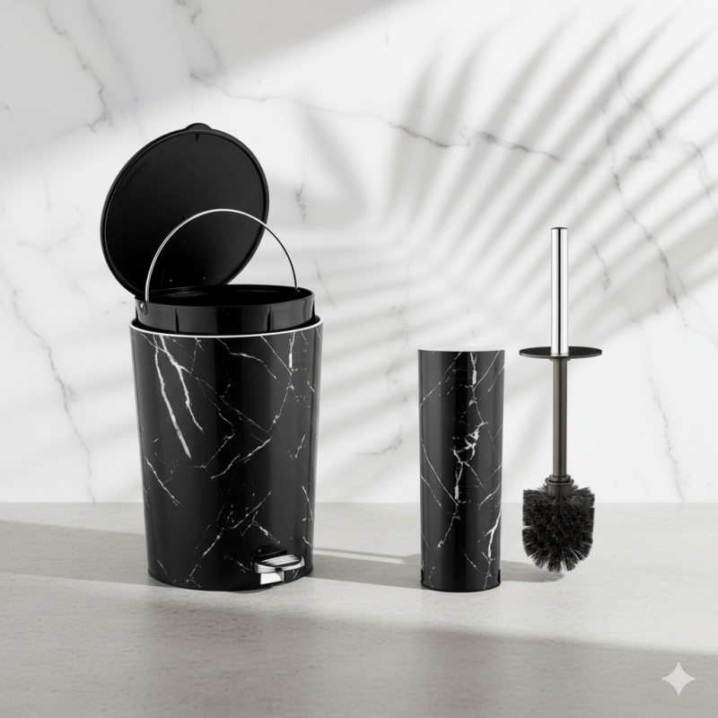 Limon MarblePrint Dustbin & Brush Set – Elegant Marble Design Waste Bin with Toilet Brush | Adornia.pk