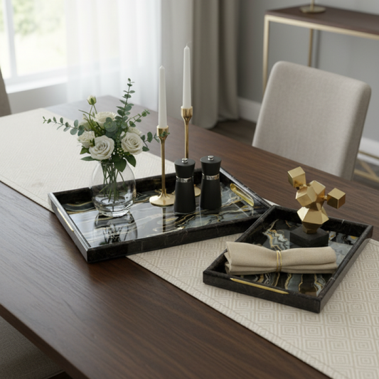 3-Piece Black & Gold Marble-Look Serving Tray Set